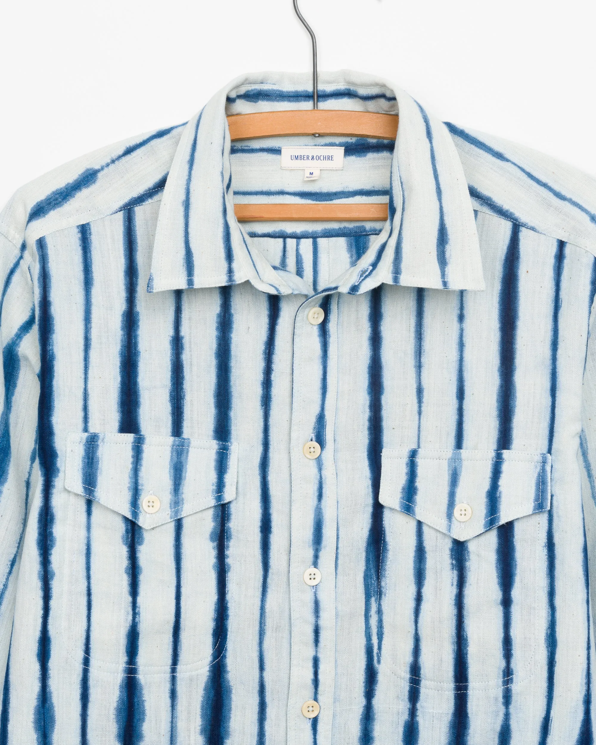Mazadoor Work Shirt in Indigo Stripe Shibori sold by The Umber & Ochre product image thumbnail 3