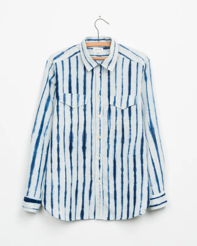 Mazadoor Work Shirt in Indigo Stripe Shibori made by The Umber & Ochre