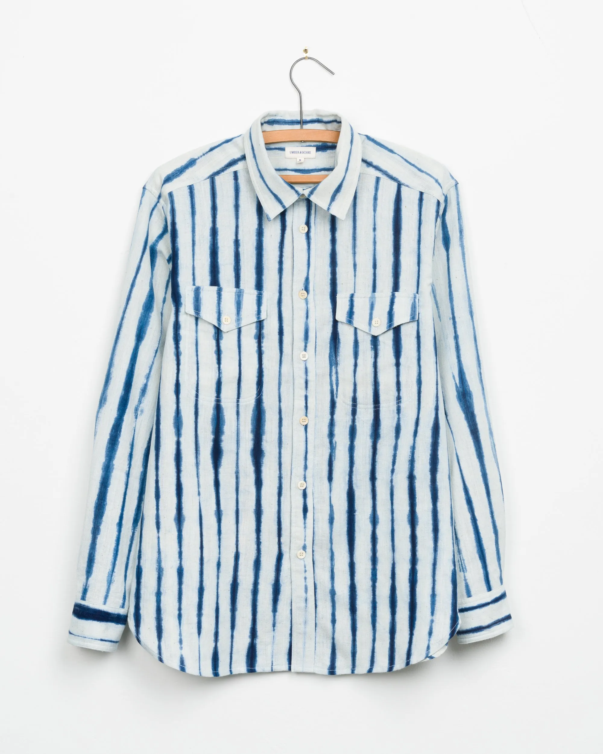 Mazadoor Work Shirt in Indigo Stripe Shibori sold by The Umber & Ochre