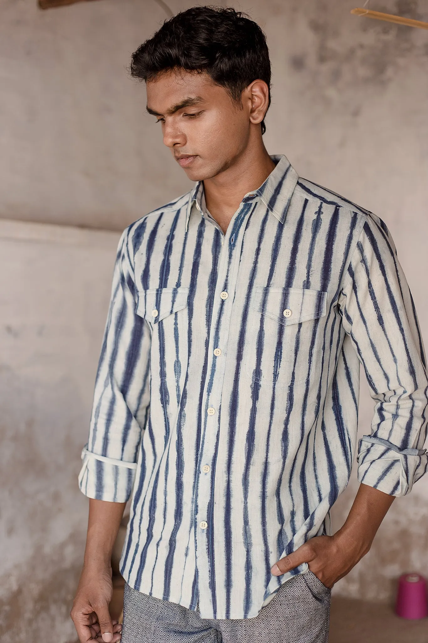 Mazadoor Work Shirt in Indigo Stripe Shibori sold by The Umber & Ochre product image thumbnail 2