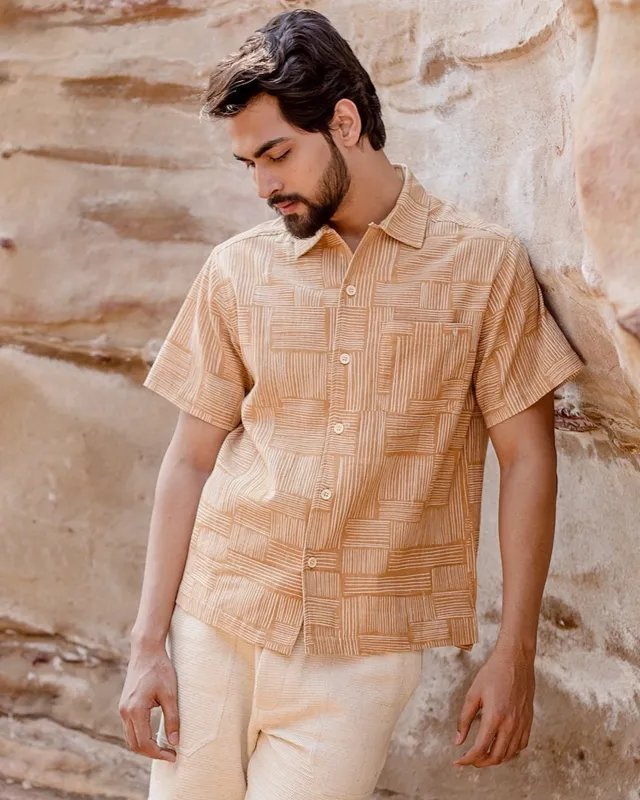 Khushi Camp Shirt in Wheat Block made by The Umber & Ochre