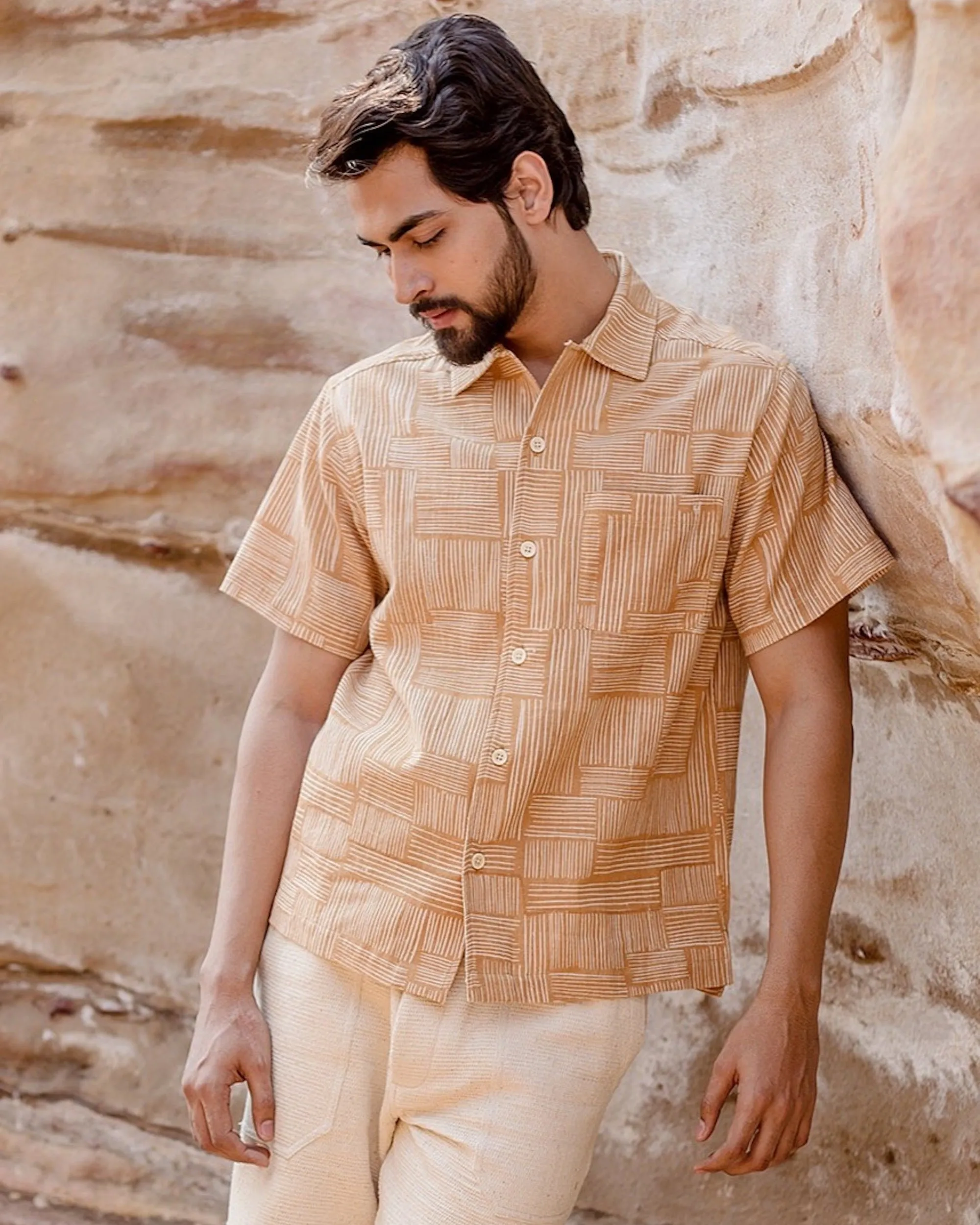 Khushi Camp Shirt in Wheat Block sold by The Umber & Ochre