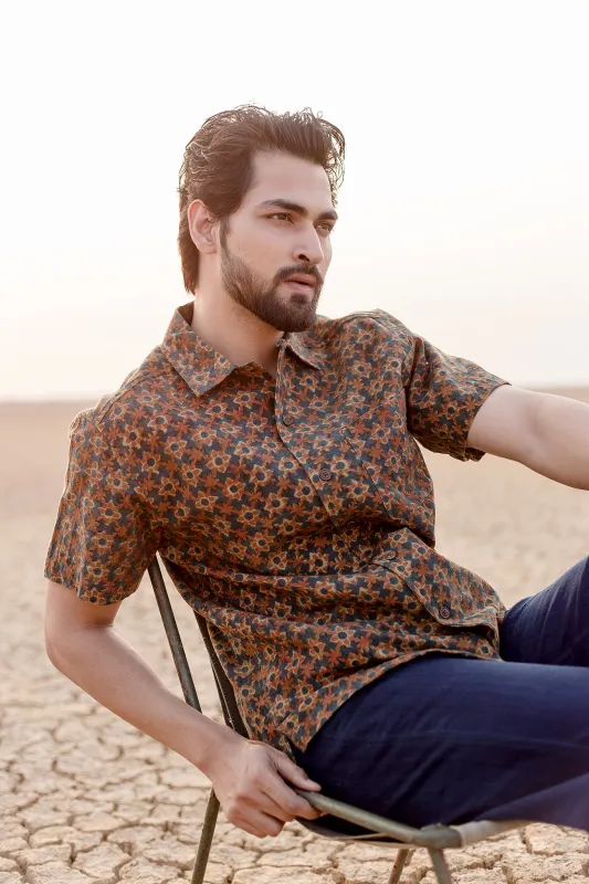 Khushi Camp Shirt in Rust Floral Block made by The Umber & Ochre