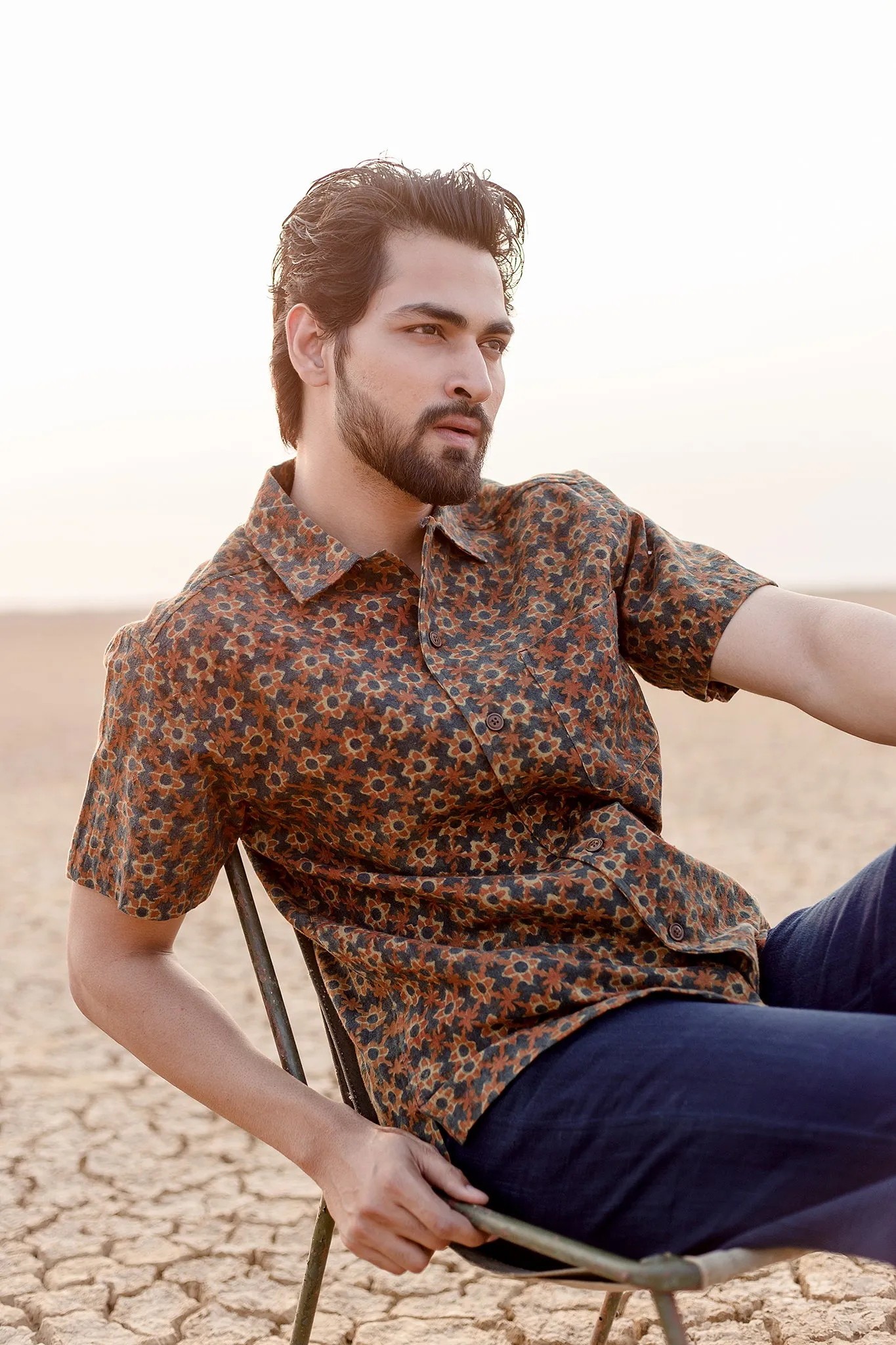 Khushi Camp Shirt in Rust Floral Block sold by The Umber & Ochre