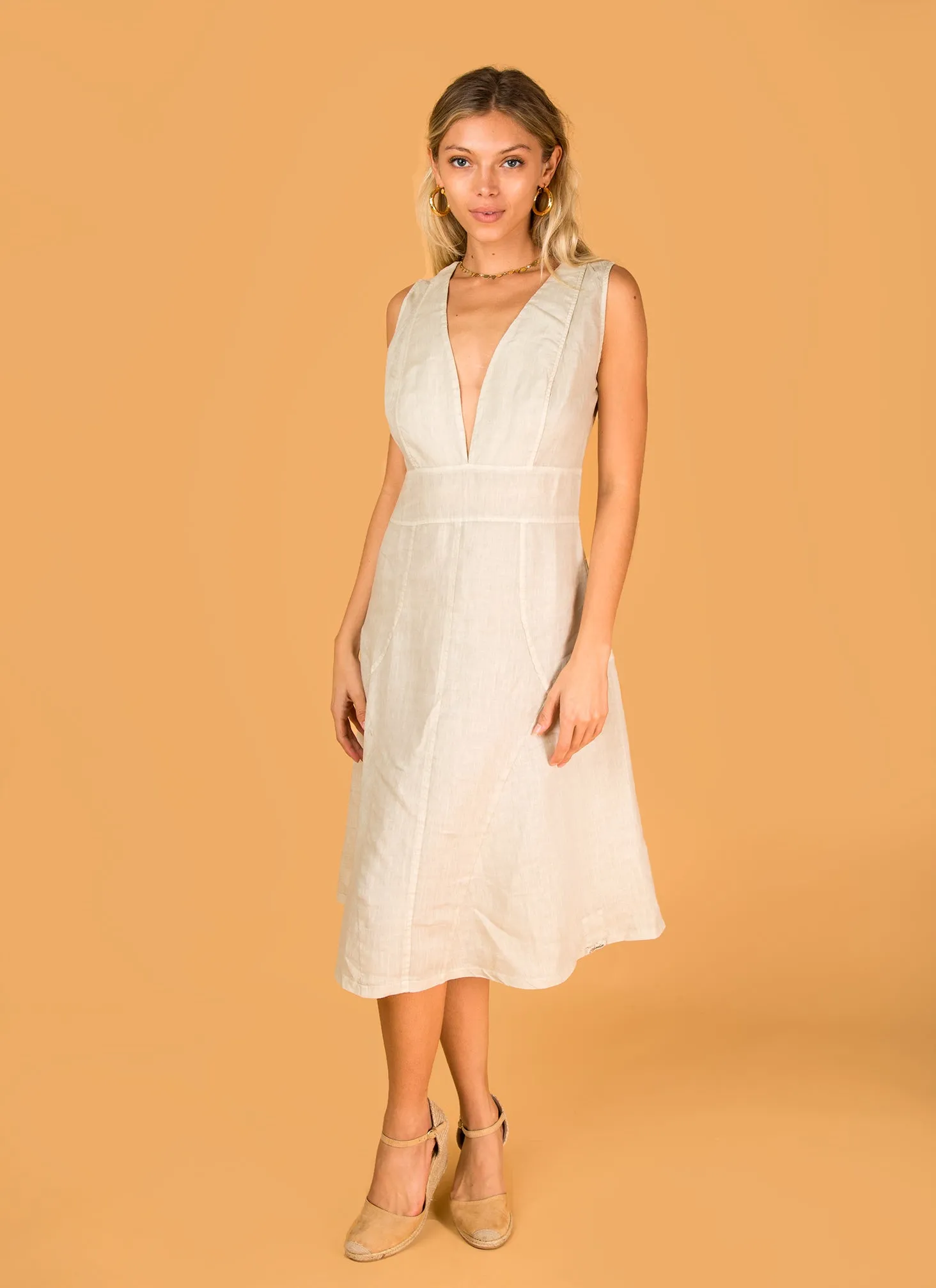 Cut & Sew Deep V-Neck Knee-Length Linen Dress sold by Claudio Milano product image thumbnail 3
