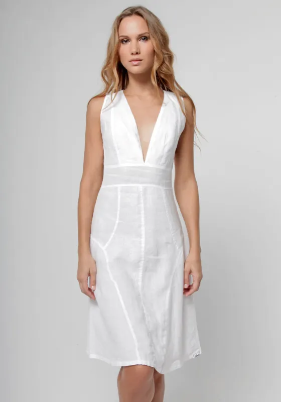 Cut & Sew Deep V-Neck Knee-Length Linen Dress made by Claudio Milano