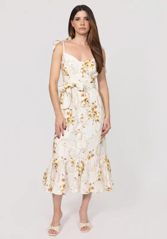 Buttoned Linen Dress With Tie Straps & Ruffled Hem made by Claudio Milano