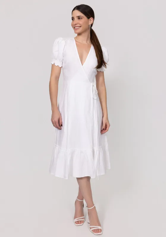 Linen Wrap Dress with Puff Sleeves and Ruffle Hem made by Claudio Milano