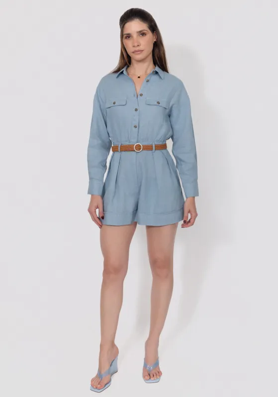 Linen Button‑Front Romper With Woven Belt made by Claudio Milano