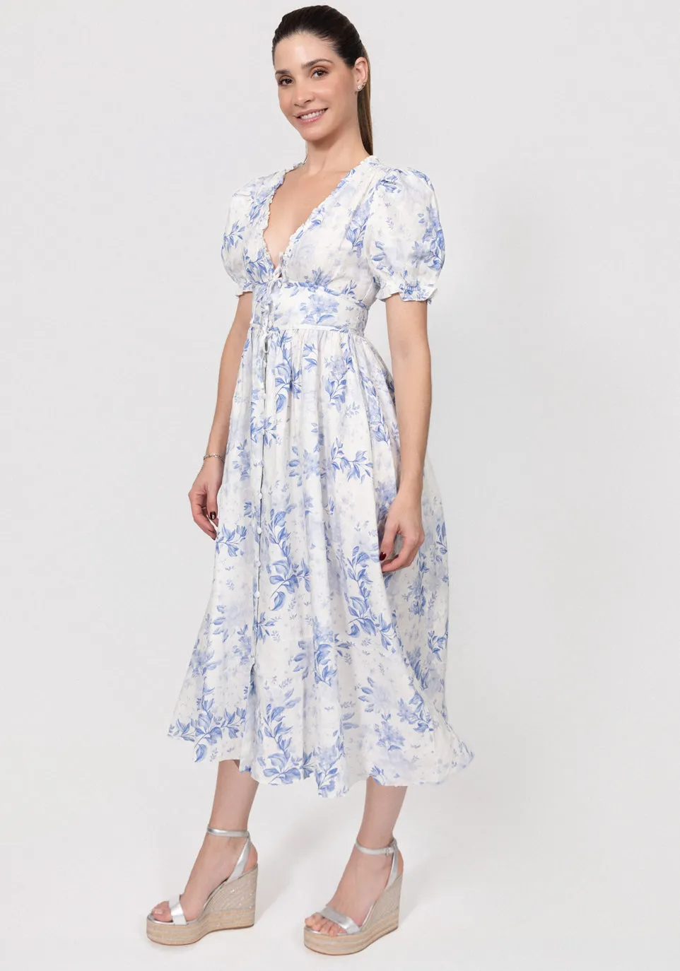 Linen Button-Front Midi Dress with Puff Sleeves & Tie Detail sold by Claudio Milano product image thumbnail 2