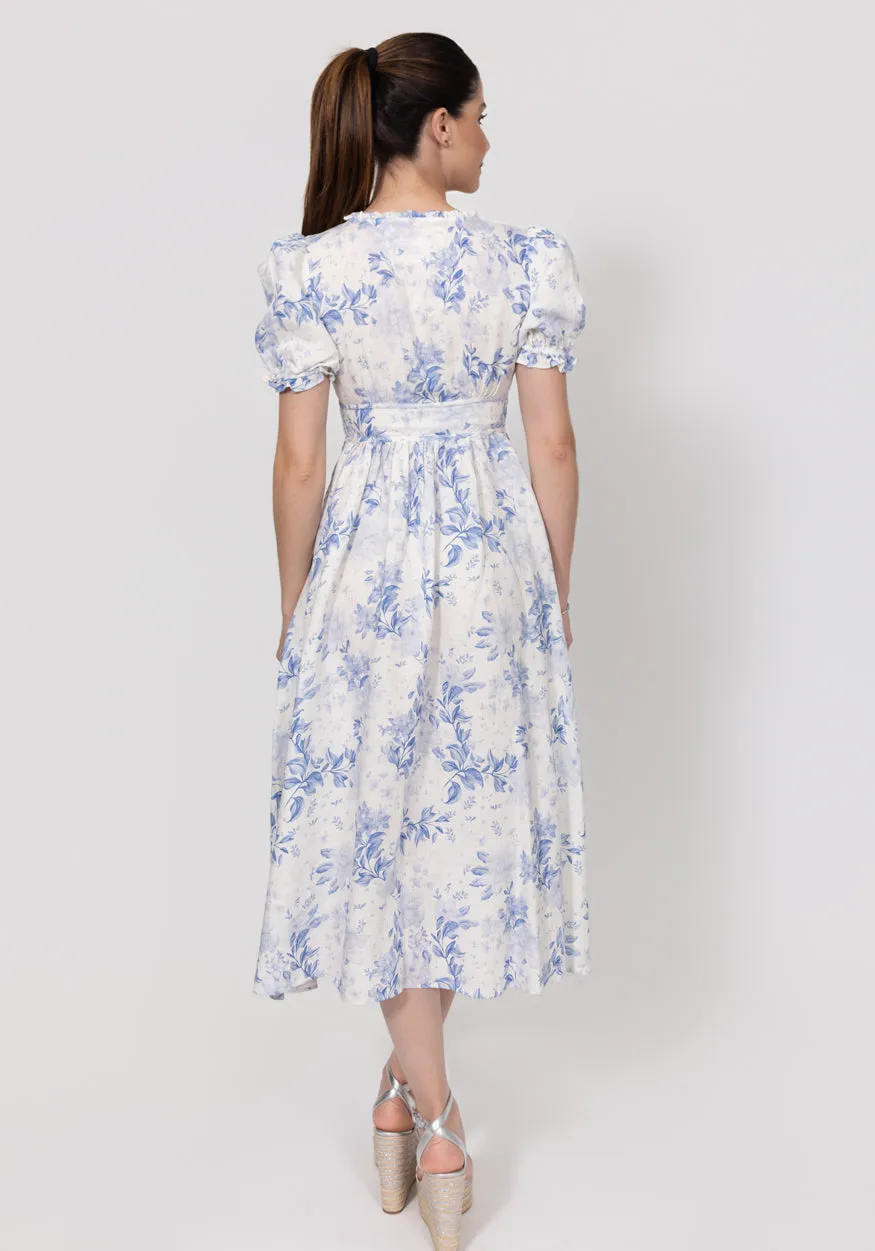 Linen Button-Front Midi Dress with Puff Sleeves & Tie Detail sold by Claudio Milano product image thumbnail 4