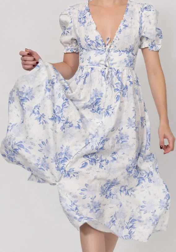 Linen Button-Front Midi Dress with Puff Sleeves & Tie Detail sold by Claudio Milano product image thumbnail 3