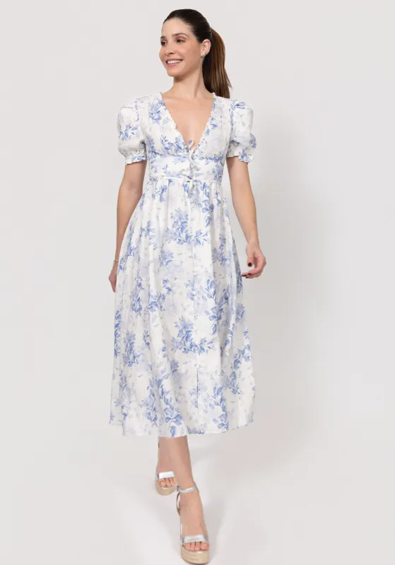Linen Button-Front Midi Dress with Puff Sleeves & Tie Detail made by Claudio Milano