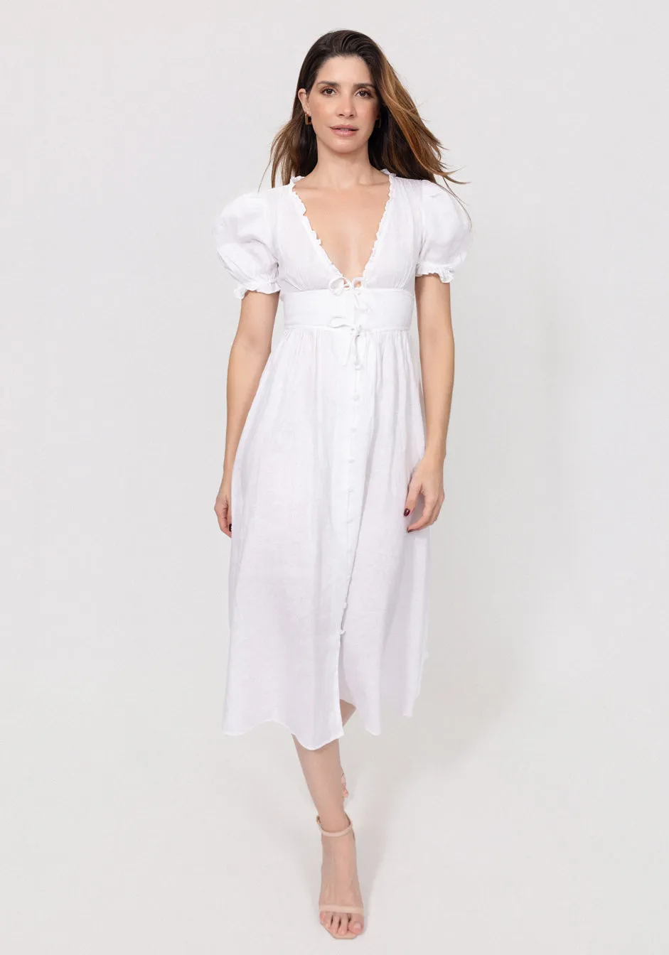 Linen Button-Front Midi Dress with Puff Sleeves & Tie Detail sold by Claudio Milano product image thumbnail 5