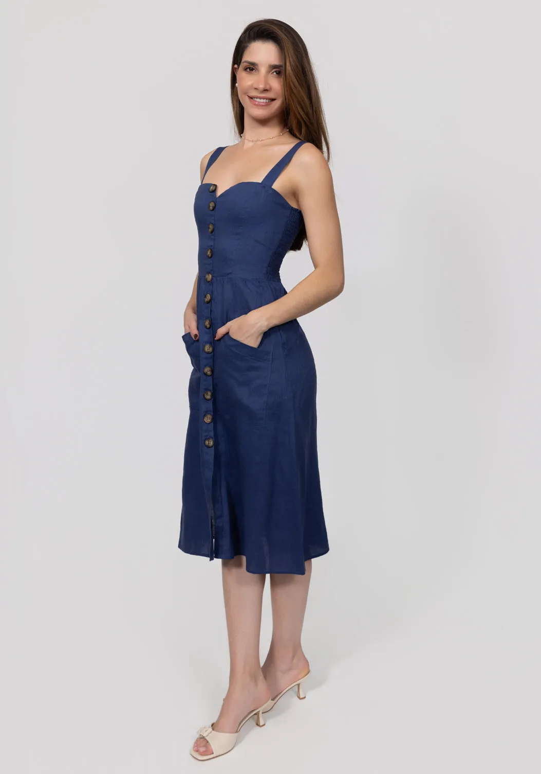 Midi Linen Dress With Front Buttons & Pockets sold by Claudio Milano product image thumbnail 3