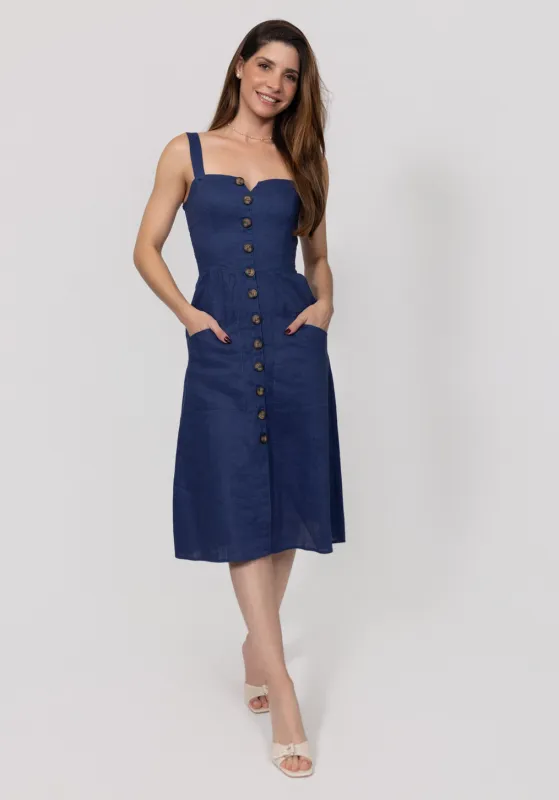 Midi Linen Dress With Front Buttons & Pockets made by Claudio Milano