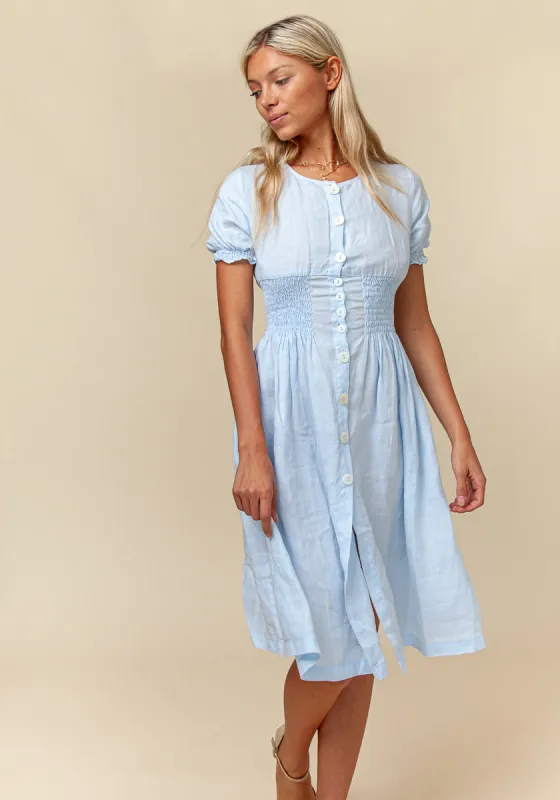 Button Down Short Sleeve Peasant Linen Dress made by Claudio Milano