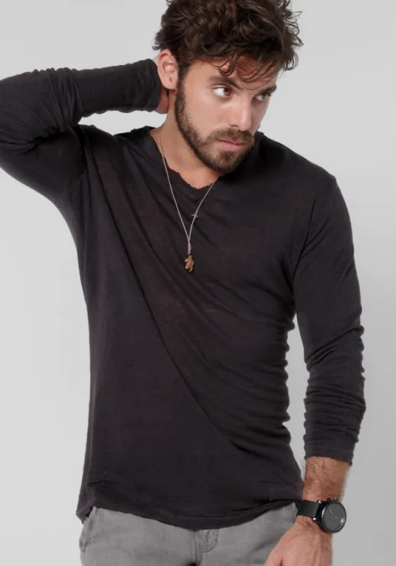 Jersey Linen Fitted Long Sleeve V-Neck T-Shirt made by Claudio Milano