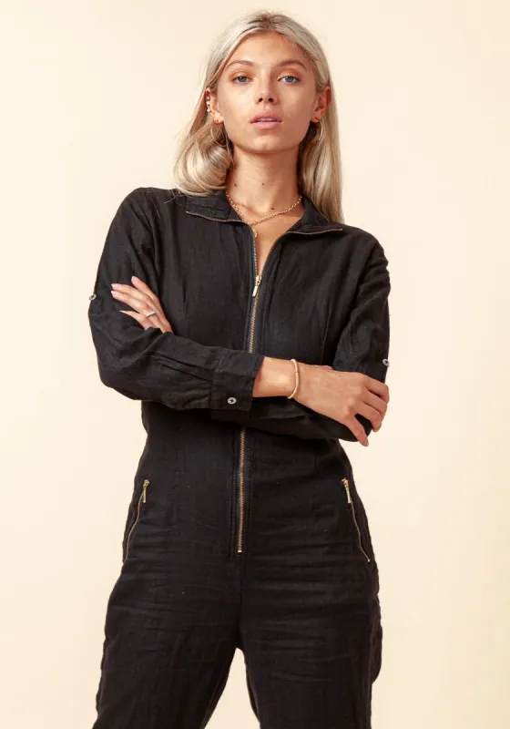 Zip-Up Long Fitted Linen Jumpsuit made by Claudio Milano