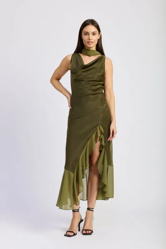 Amirah Cowl Ruffle Maxi Dress sold by En Saison