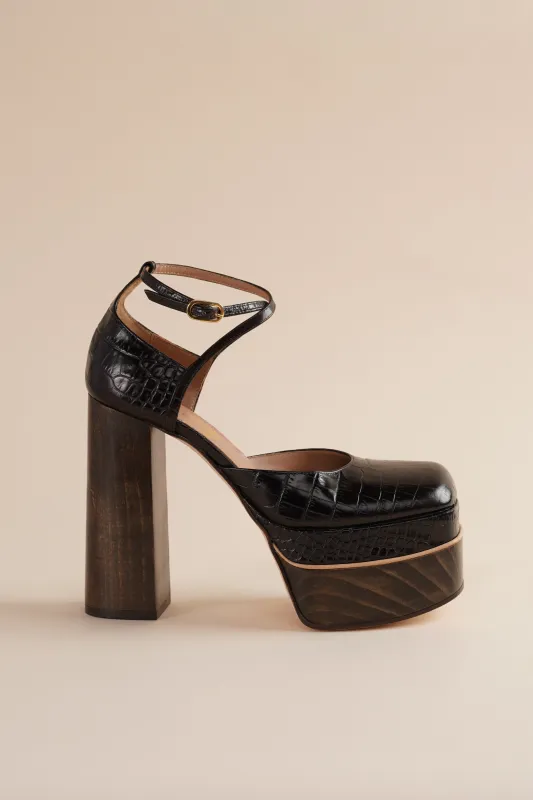 Disco Mary Jane Platform in Espresso Faux Croc sold by Brother Vellies