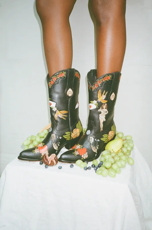 My Body My Choice Doodle Cowboy Bootie in Midnight sold by Brother Vellies