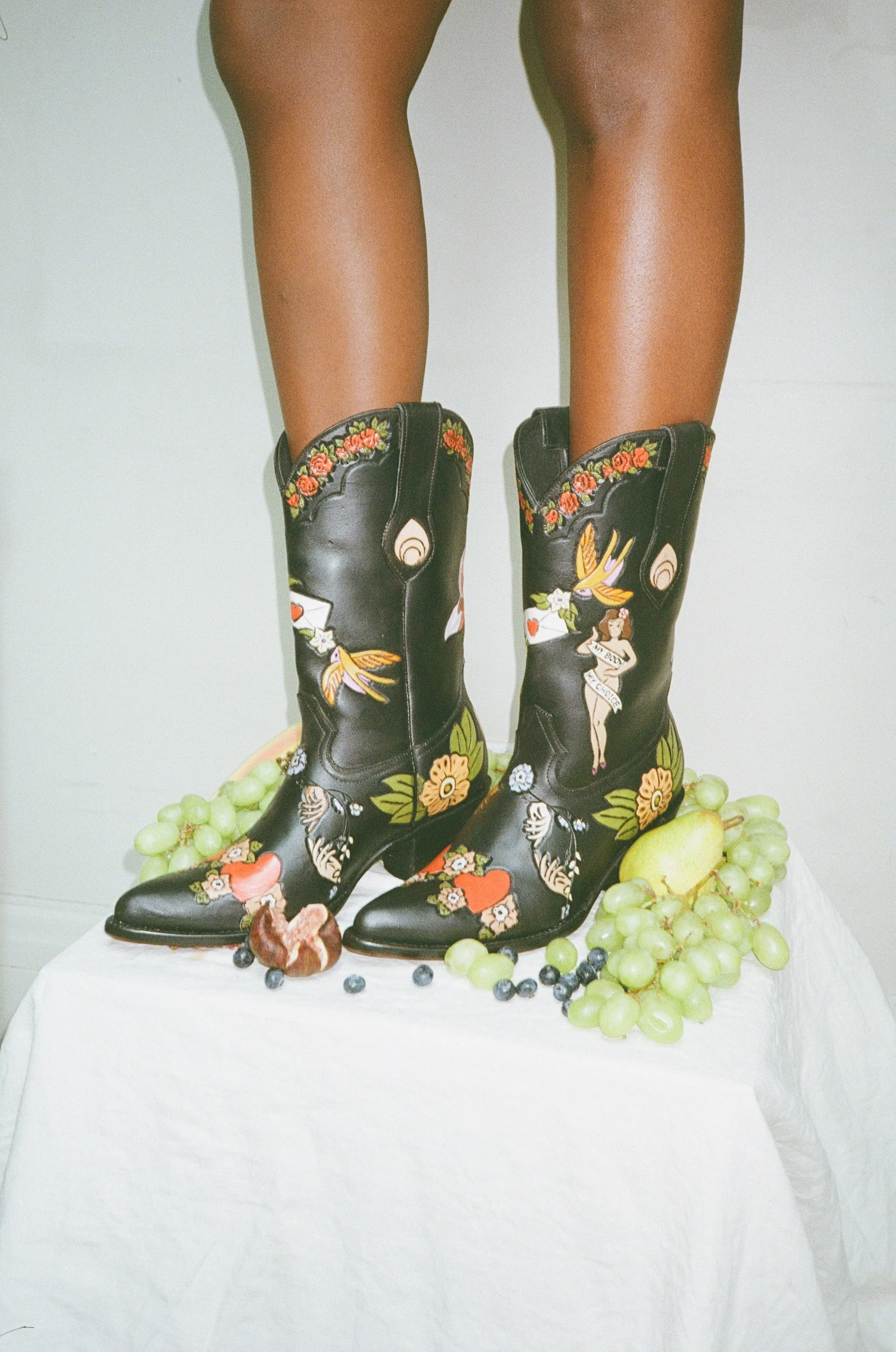 My Body My Choice Doodle Cowboy Bootie in Midnight sold by Brother Vellies