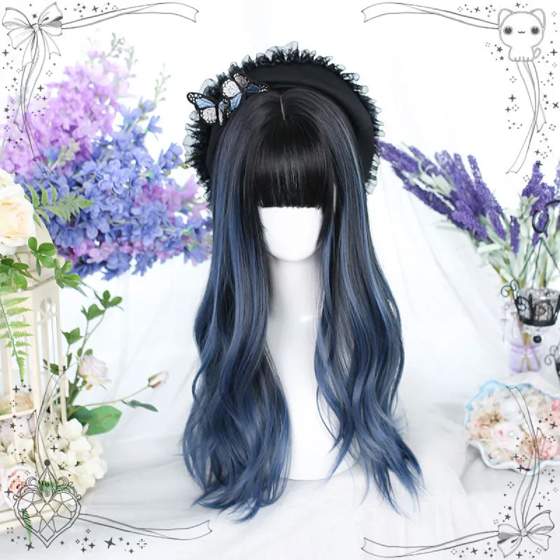 Black Mixed Blue Long Curly Lolita Wig sold by L-email wig