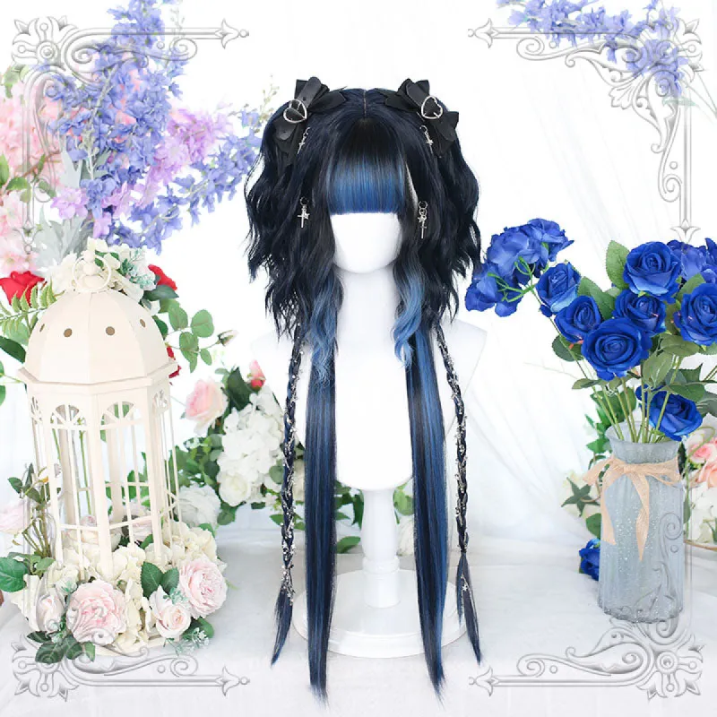 Lolita Black Mixed Blue Long Straight Cosplay Wig sold by Lemail wig