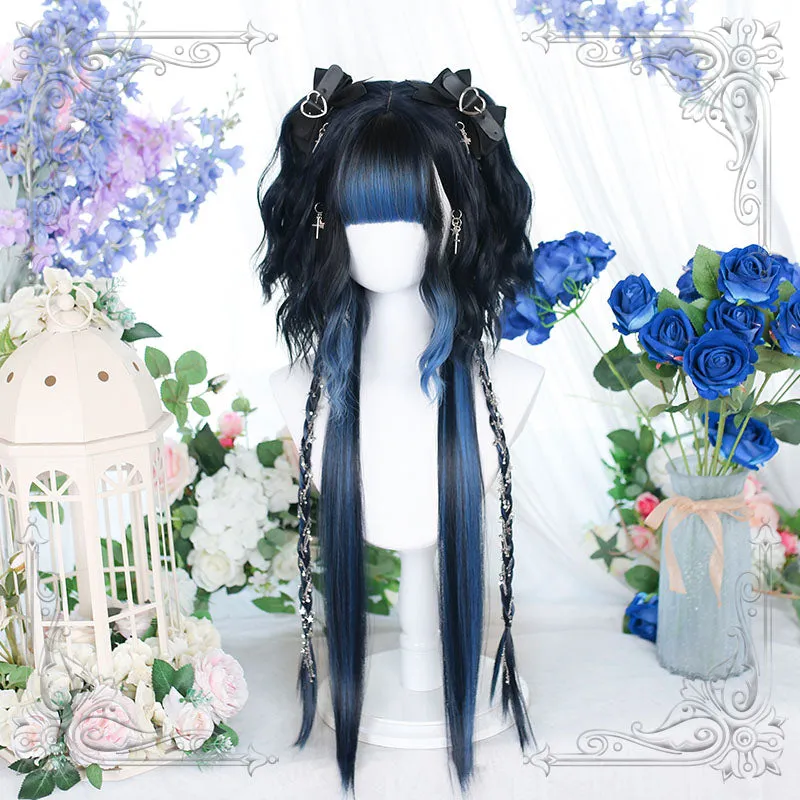 Lolita Black Mixed Blue Long Straight Cosplay Wig sold by Lemail wig product image thumbnail 3