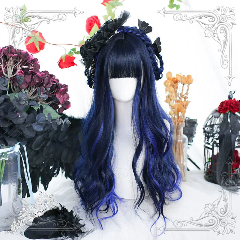 Lolita Black Mixed Blue Long Curly Cosplay Wigs sold by Lemail wig