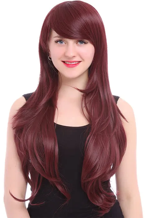 80cm Long Natural Straight Wine Red Synthetic Wigs With Bangs sold by L-email wig