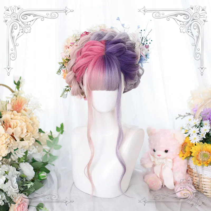 Lolita Pink Mixed Purple Long Curly Cosplay Wigs sold by L-email wig