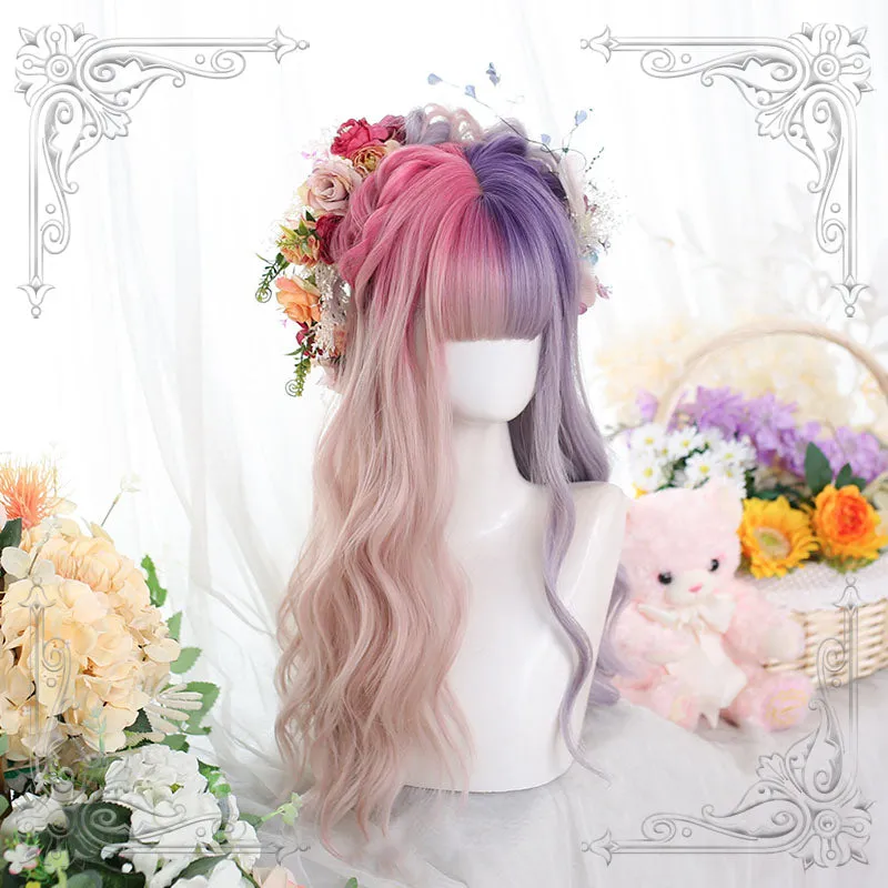 Lolita Pink Mixed Purple Long Curly Cosplay Wigs sold by L-email wig product image thumbnail 3