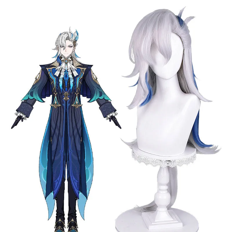Genshin Impact Fontaine Neuvillette Grey Mixed Blue Cosplay Wig sold by Lemail wig
