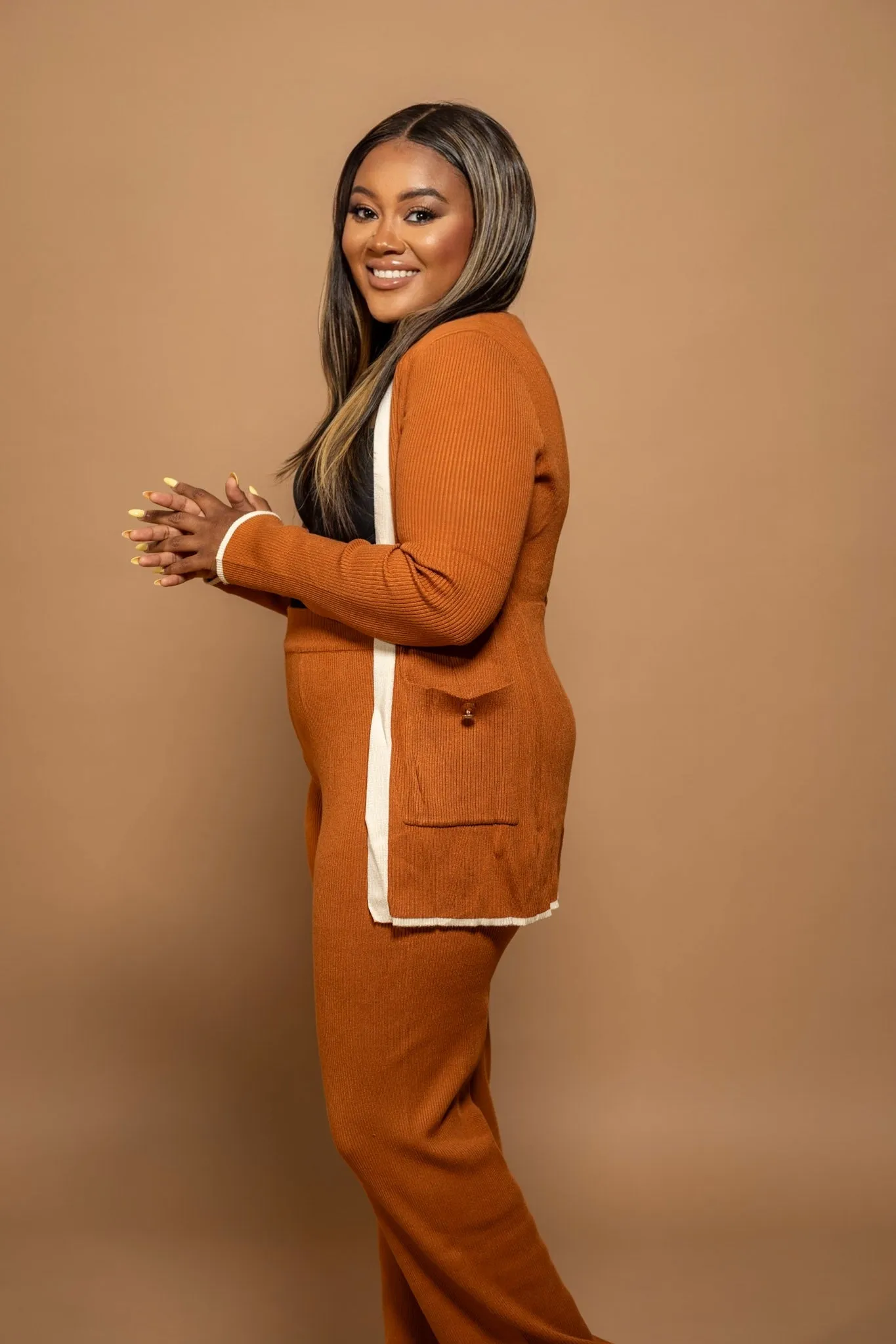 The Callie Luxe Knit Set – Cardigan & Trousers (Camel/Cream) sold by Royal Raine product image thumbnail 3