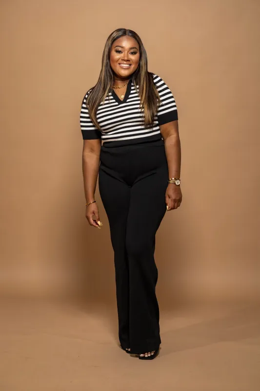Soft Stripes Knit Tank Set – Short Sleeve Top & Pant Duo (Black /White) made by Royal Raine