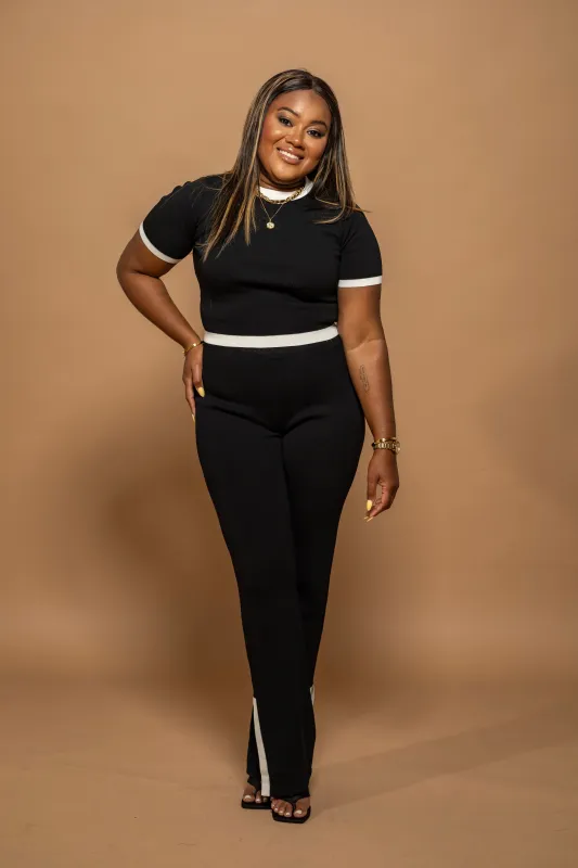 Monochrome Muse Knit Set – Crop Tee & Slit Pant Duo (Ivory/Black) made by Royal Raine