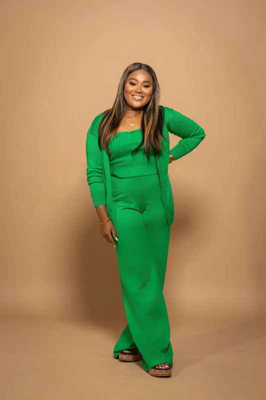 Luxe Knit Lounge Trio – 3-Piece Cardigan, Tube Top & Pant Set (Emerald) made by Royal Raine