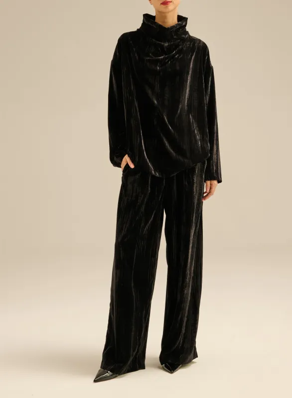 Spodnie z weluru z szeroką nogawką i elastyczną talią czarne - Franco sold by Le Brand