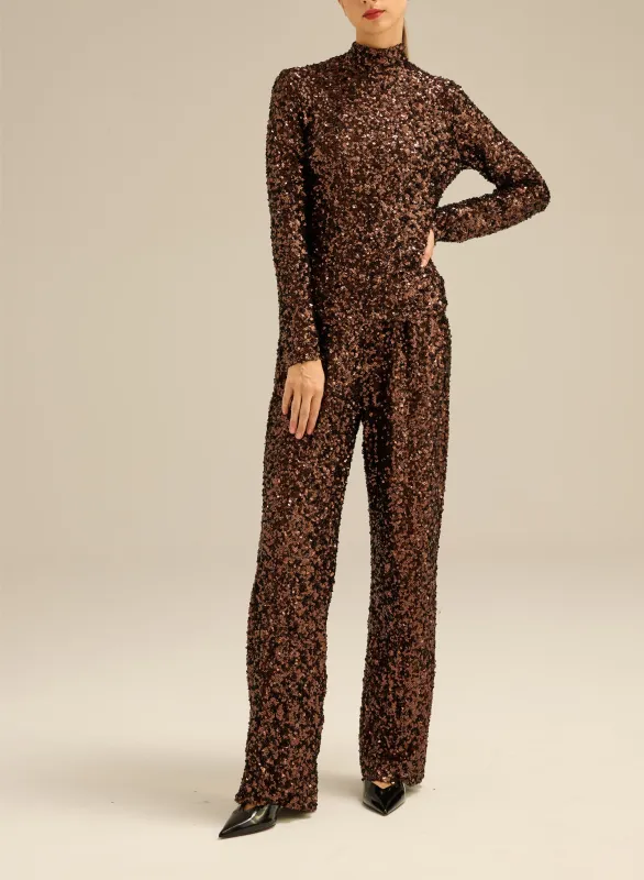Spodnie z cekinów w brązowym kolorze o prostym kroju - Ome sold by Le Brand