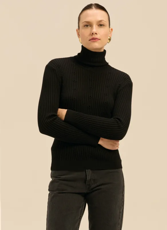 Sweter z wełny merino z golfem i kwiatowym zdobieniem czarny - Vera sold by Le Brand