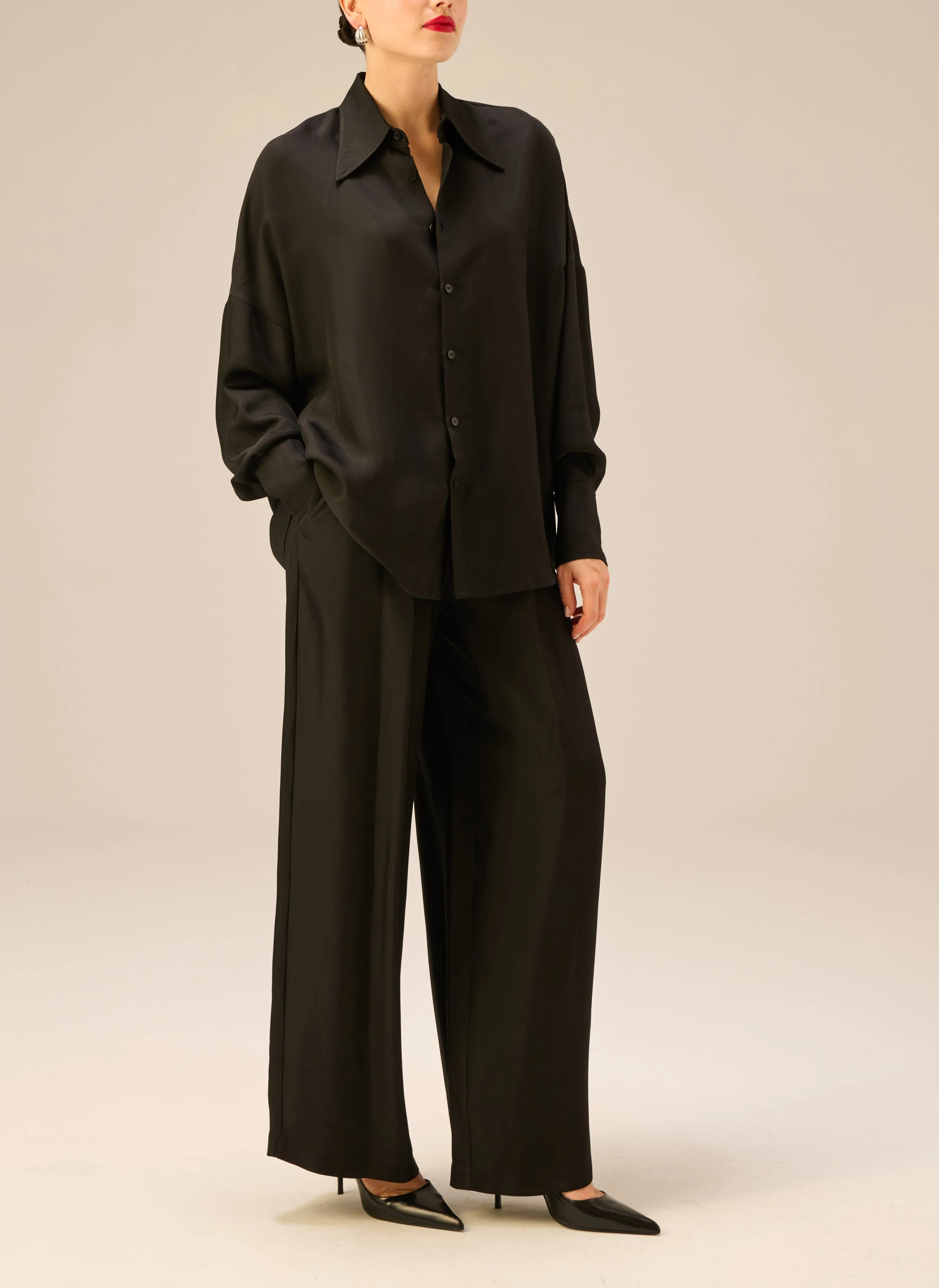 Spodnie z satyny w kolorze czarnym z elastycznym pasem - Franco sold by Le Brand