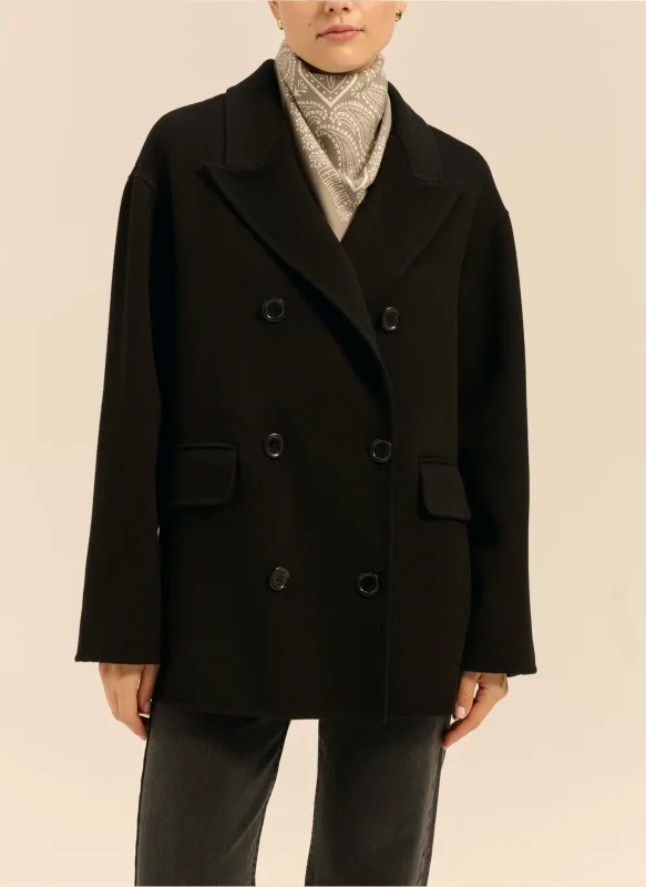 Marynarka z wełny dziewiczej o kroju oversize z dwurzędowym zapięciem czarny - Joel made by Le Brand