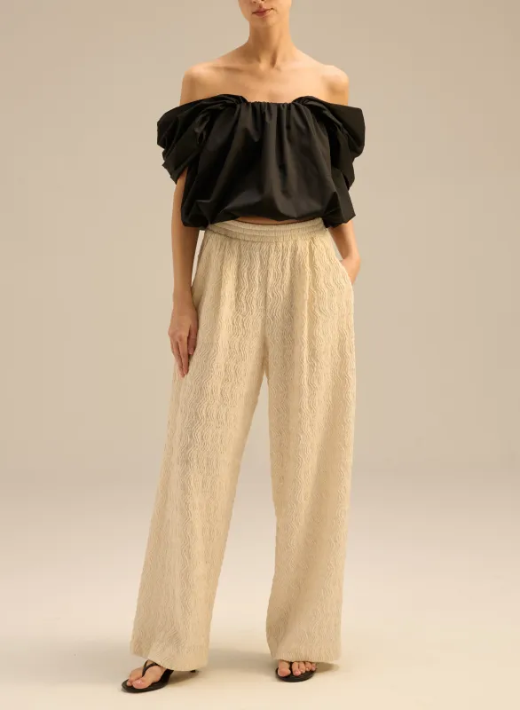 Spodnie z miękkiej dzianiny w kolorze ecru z elastyczną talią - Franco made by Le Brand