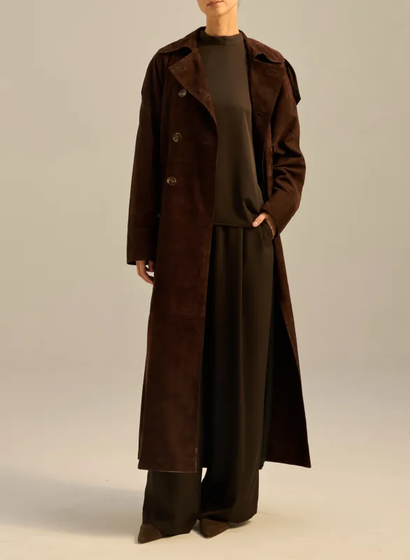 Płaszcz maxi z zamszu o kroju oversize brązowy - Este sold by Le Brand