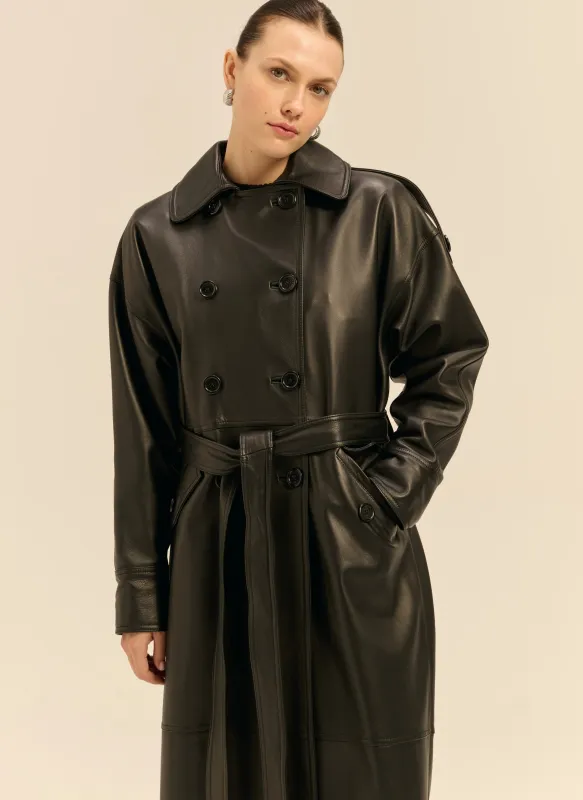 Płaszcz maxi ze skóry o kroju oversize czarny - Este sold by Le Brand