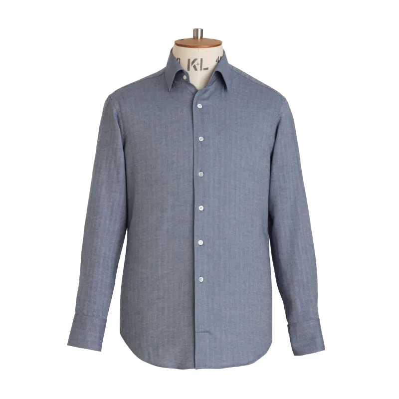 Blue Herringbone Wool Cotton Blend Shirt - New sold by Emma Willis