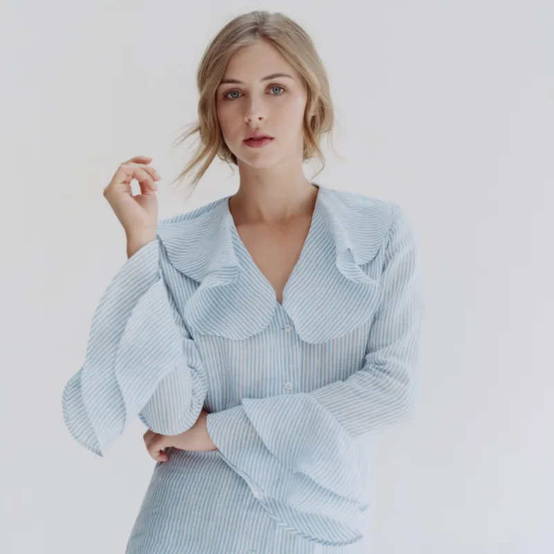 Sky Bengal Stripe Linen Gypsy Shirt made by Emma Willis