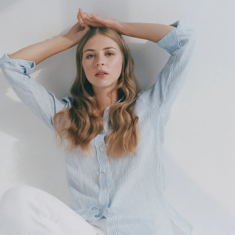 Sky Bengal Stripe Linen Drew Shirt sold by Emma Willis